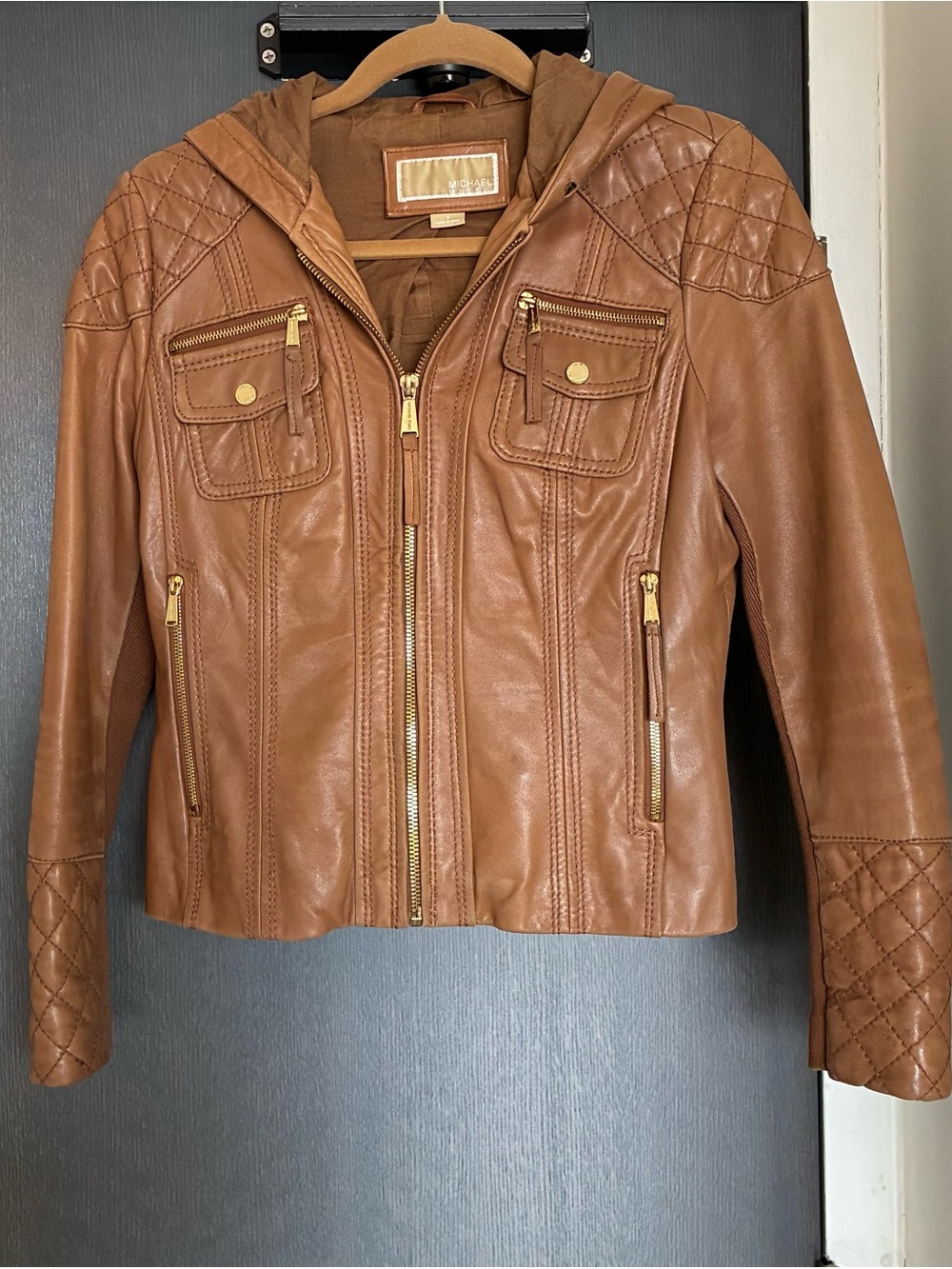 MICHAEL Michael Kors Quilted Hooded Leather Jacket - Tan